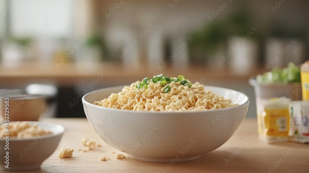 Poster a stylish shot of instant noodles arranged on a table, with a soft focus on the background, showcasi
