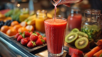 A healthy smoothie being prepared at a city juice bar.