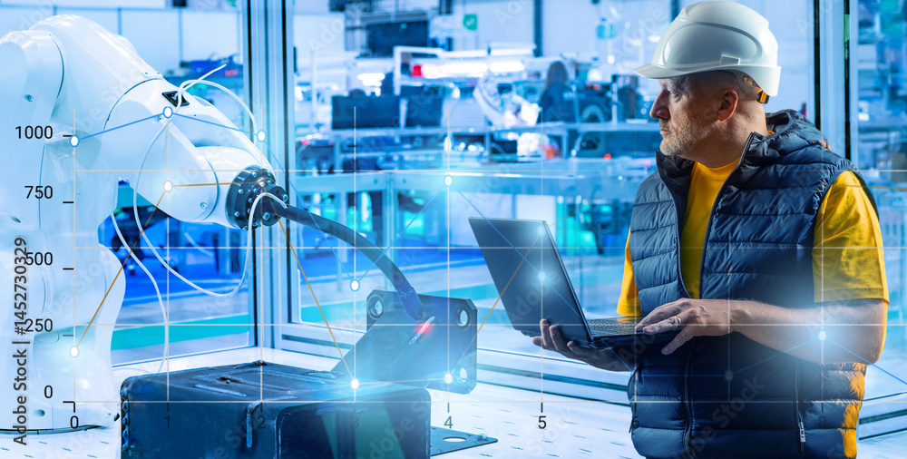 Poster engineer with laptop controlling robotic arm in a high-tech factory, using data and automation techn
