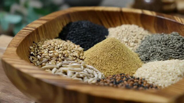 Assortment of spices and seeds arranged in wooden bowl for culinary use.