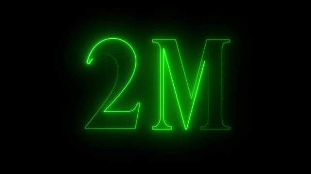 Neon 2m million neon glowing text animation 2M text animation on black background.