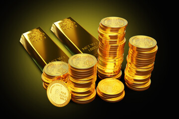Stacks of gold coins and bars on dark background representing wealth, savings, investment security, and financial stability. – Finance. Investment. Wealth. 3d image