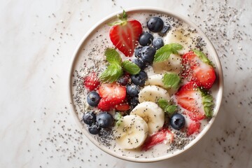 Vibrant Vitality: Overhead Photorealistic Smoothie Bowl with Fresh Berries & Superfoods on Marble (4K Ultra-Detailed Food Photography)
