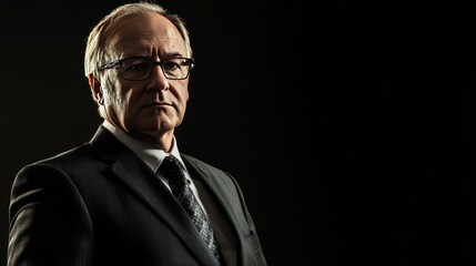 Obraz premium A successful business leader in an office setting. A boss in a suit, isolated on black. Professional businessman, great for advertising. 