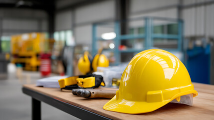 Yellow hard hat and construction tools on wooden table in factory background.