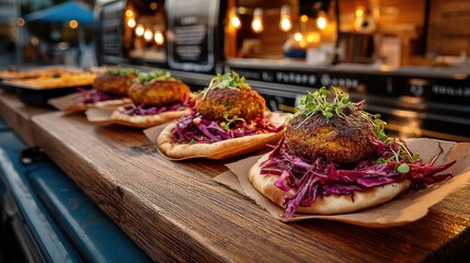Obraz premium Modern street food cart offering Mediterranean-style falafel with Asian slaw