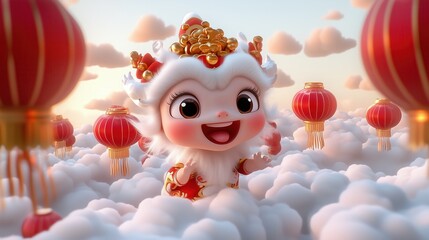 Obraz premium Cute fluffy creature in clouds with lanterns