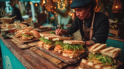 A sustainable street food vendor selling vegetarian sandwiches with organic ingredients