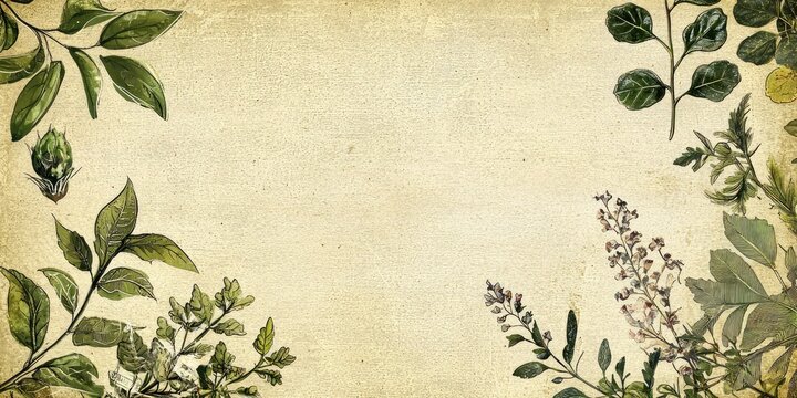 Old recipe card background with botanical accents and green border