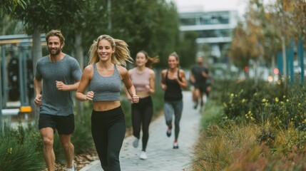 Obraz premium A group of friends running through a fitness park with green spaces and exercise equipment
