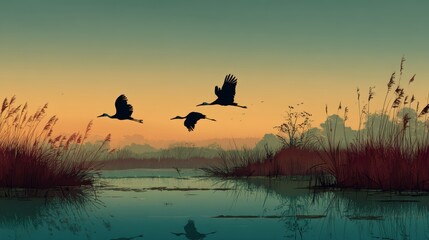 Obraz premium Birds flying over a natural pond in a park, with tall grasses and reeds growing around it