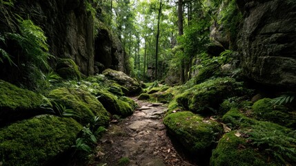 Fototapeta premium A view of a secluded nature park with dense foliage, moss-covered rocks, and wildlife sightings