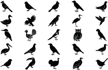 A comprehensive set of black silhouette illustrations of various bird species.