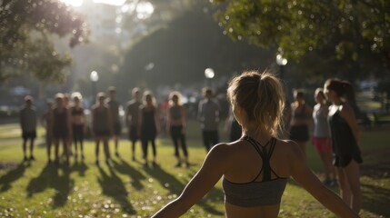A group of people participating in an outdoor fitness class in a park, led by a trainer