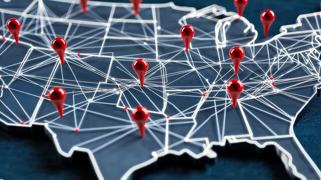 Discover a detailed map showcasing key connections and urban centers across the U.S. with various location markers