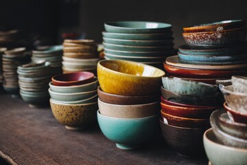 Stacks of colorful ceramic bowls and plates create a beautiful display on a wooden surface.