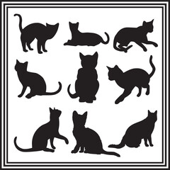 Black Cat Silhouettes Collection – Set of Cats in Various Poses, Minimalist Vector Illustration, Animal Graphic Design for Stickers, Pet Art Prints, Wall Decor, or Clipart Use