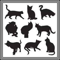 Cat Silhouettes Vector Set – Black Cats in Various Realistic Poses, Minimalist Animal Clipart Collection for Pet Illustrations, Printable Designs, Stickers, or Wall Art