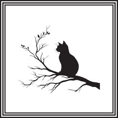 Cat Silhouette on Tree Branch – Minimalist Black and White Animal Vector Illustration, Calm Feline Sitting in Nature Scene for Wall Art, Stickers, Printables, or Decor Design