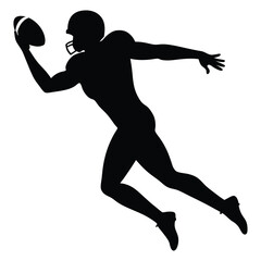 A dynamic black silhouette of an American football player leaping to catch a football, with their body extended and arms outstretched