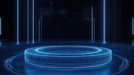 Neon Blue Wireframe Platform in Dark Room