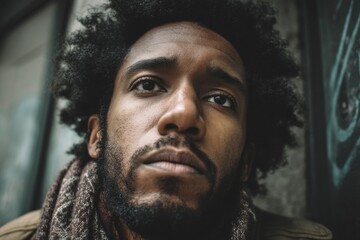 Fototapeta premium A close-up portrait of a black man looking up with a serious, thoughtful expression.