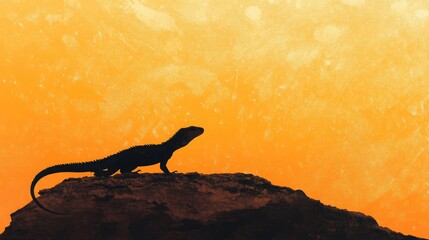 A silhouette of a lizard basking on a flat rock surrounded by a desert terrain