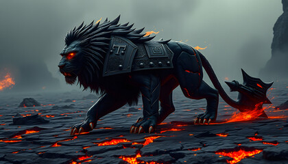 Armored Lava Lion: Fierce Feline Warrior in Molten Territory