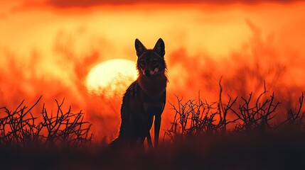 A silhouette of a lone jackal standing alert among thorny bushes in open terrain