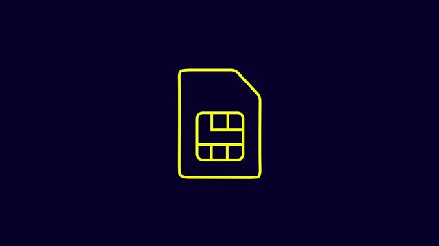 Glowing neon line Sim card icon isolated on black background. Mobile cellular phone sim card chip. Mobile telecommunications technology symbol. 4K Video motion graphic animation