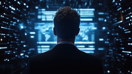 A businessman looks into a futuristic digital interface displaying financial and data analytics, symbolizing modern technology and innovation in business strategy.