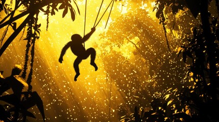 A silhouette of a monkey swinging from vine to vine in a lush rainforest