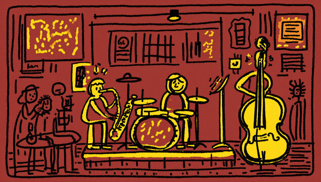 Doodle illustration of a jazz band playing music