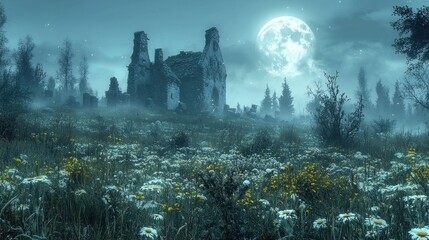 Ruined mansion full moon misty night