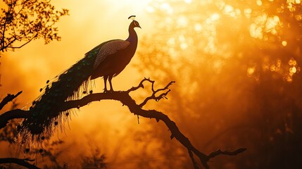 A silhouette of a peacock perching on the branch of a broken tree