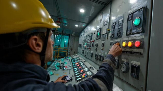 Man in hardhat operates industrial control panel with lights, gauges, and switches in a power plant room