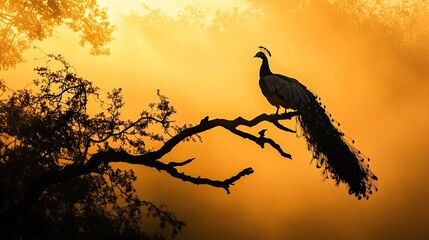 A silhouette of a peacock perching on the branch of a broken tree