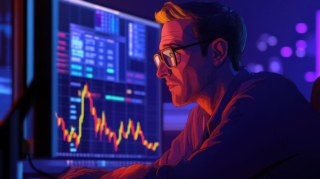 Mature crypto trader investor analyst broker using pc computer analyzing digital cryptocurrency exchange stock market trading graphs report thinking of investing funds risks doing global analysis. il