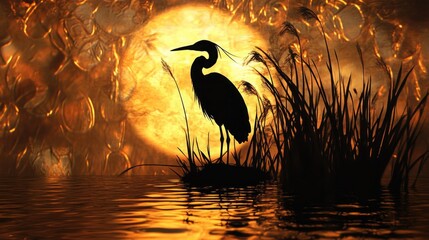 A silhouette of a poiseful heron perched atop a cluster of reeds