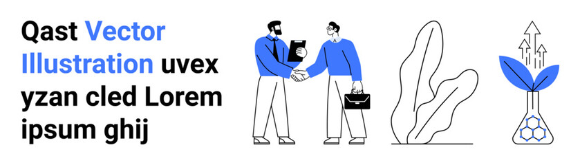 Two professionals shaking hands, abstract plant growing with upward arrows, and minimalist design elements. Ideal for business partnership, collaboration, success, networking, growth, innovation