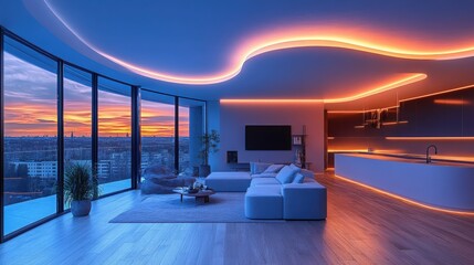 Contemporary apartment interior with scenic sunset panorama and ambient lighting
