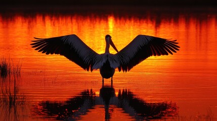 A silhouette of a pelican standing in shallow water with its wings spread wide