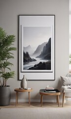 Modern minimalist interior, poster mockup on clips,  bright,  advertising, poster mockup