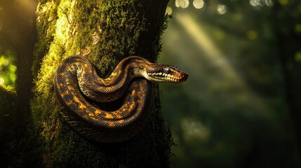 A silhouette of a python coiled gently around the trunk of a moss-covered tree