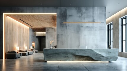 An office reception area with a receptionist greeting guests, with the backdrop of a sleek, modern design