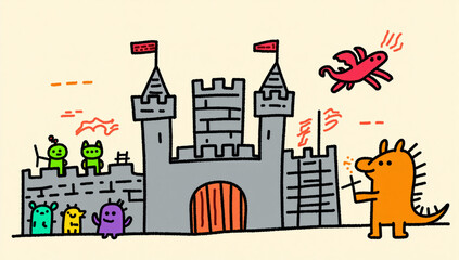 Fototapeta premium Cute doodle fantasy castle with monsters and dragon