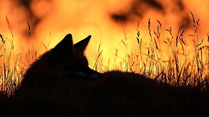 A silhouette of a red fox curled up in the tall grasses of a peaceful meadow