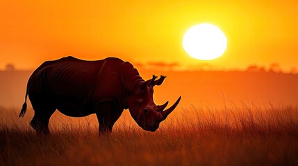 A silhouette of a rhino grazing on tall grass