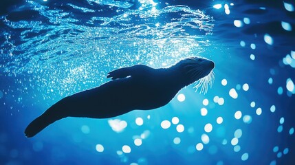 A silhouette of a sea otter diving below the surface of a sparkling blue ocean