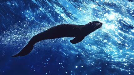 A silhouette of a sea otter diving below the surface of a sparkling blue ocean